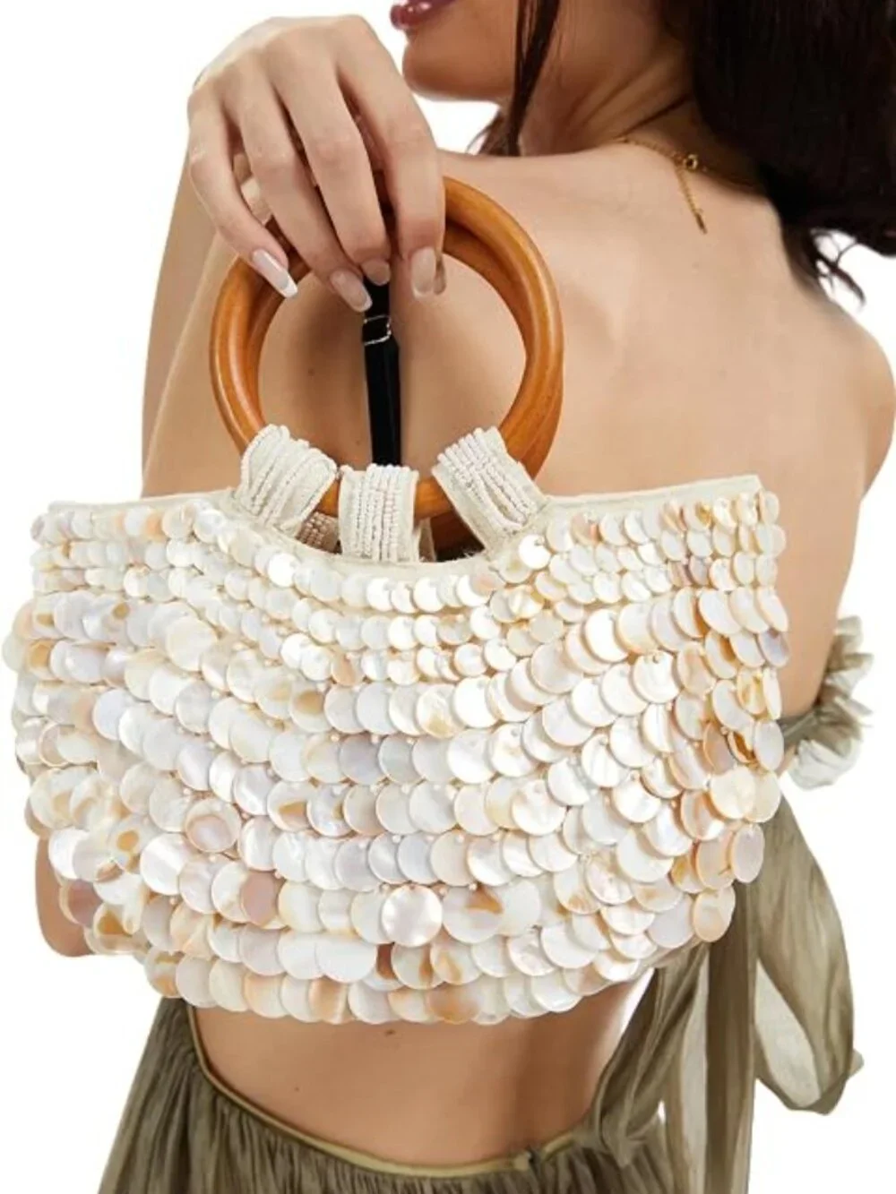 Women Handmade Seashell Beaded Clutch Beach Wooden